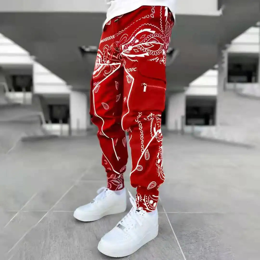 New Men's Cargo Pants Trend Printed Loose Hip Hop Fashion Street Wear Big Pocket Overalls Men Bright Color Four Seasons Trousers