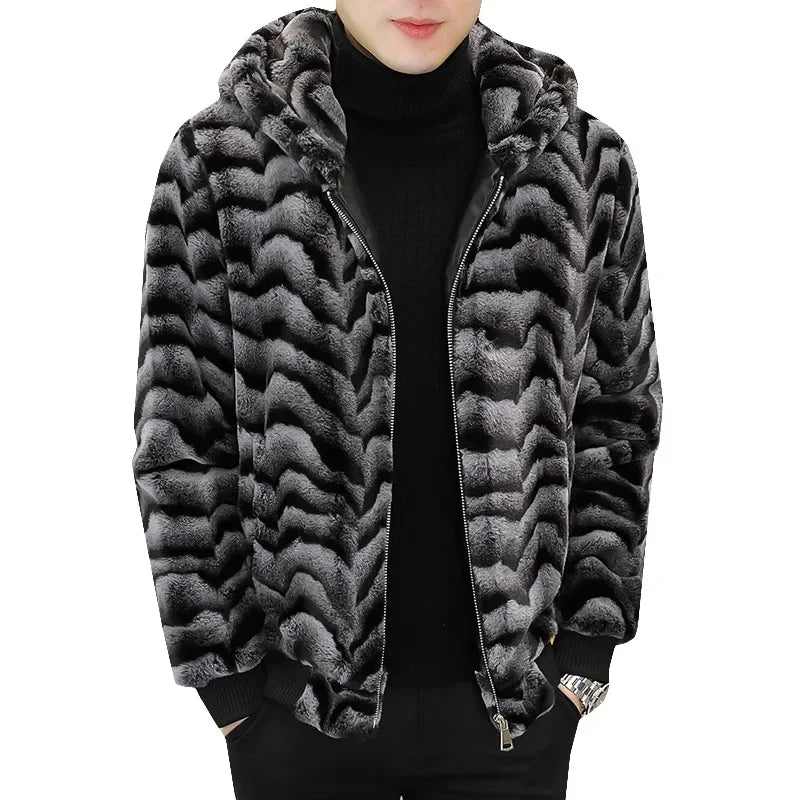 2022 Winter Faux Fur Mink Jackets Men Thicken Warm Imitation Fur Hooded Coat Slim Casual Business Social Jackets Men Clothing