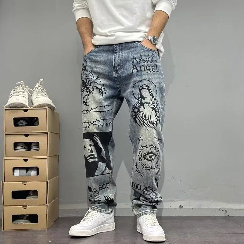 Autumn and Spring New Fashion Trend Printed Straight Leg Sports Denim Pants Men's Loose Comfortable Plus Size High Quality Pants