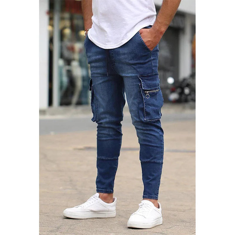 High Quality Fashion European American Classic Solid Washing Denim Pants Casual Men's Stretch Trouser Blue Skinny Jeans Men