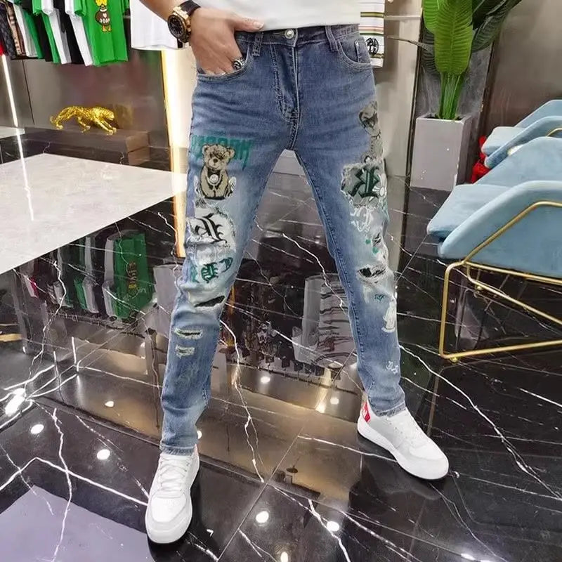 New Jeans Kpop Luxury Designer Clothes Korean Style Fashion Spring Autumn Denim Jeans Bear Printing Pants Men's Luxury Trousers