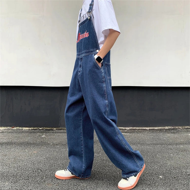 American retro denim overalls men's design sense niche Japanese casual loose couple straight work overalls vintage jeans men