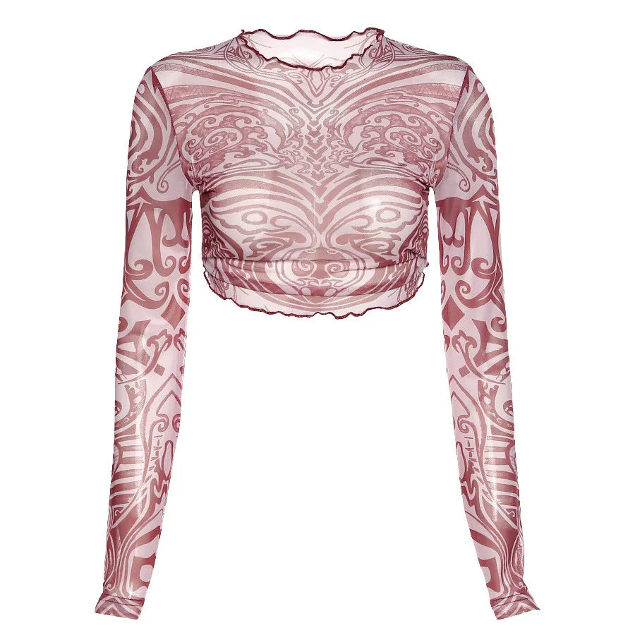 Women's Basic Fashion See-through Tops Modern Urban Sexy Mesh Graphic Nine-point Tops Spring Full Sleeve 2021 New T-shirt Women