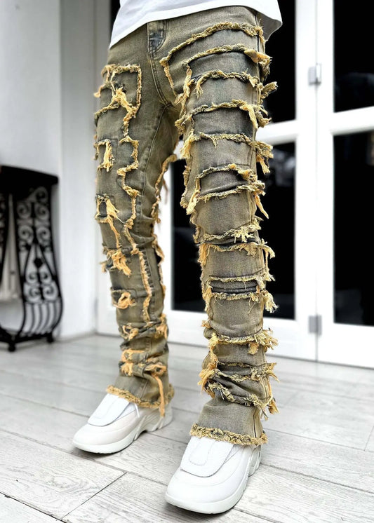 High Street White Men's Stacked Jeans Stretched Patchwork Tassel Damaged Denim Full Length Pants Hip-pop Trousers For Male ﻿