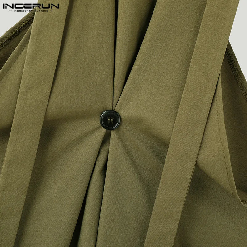 INCERUN American Style Fashion Jumpsuit Men's Loose Deconstruction Design Jumpsuit Streetwear Solid Wide Leg Sleeveless Rompers