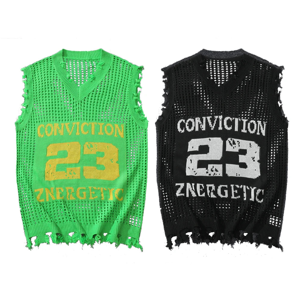 Men's Knitted Vest Autumn Fashion Number Mesh Vest Casual Sleeveless Business Breathable Woolen Knit Top US Size