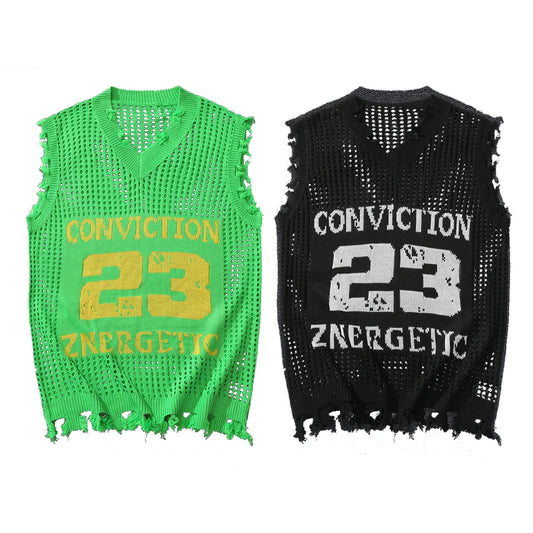 Men's Knitted Vest Autumn Fashion Number Mesh Vest Casual Sleeveless Business Breathable Woolen Knit Top US Size