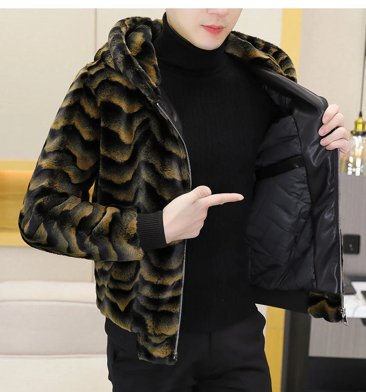 2022 Winter Faux Fur Mink Jackets Men Thicken Warm Imitation Fur Hooded Coat Slim Casual Business Social Jackets Men Clothing