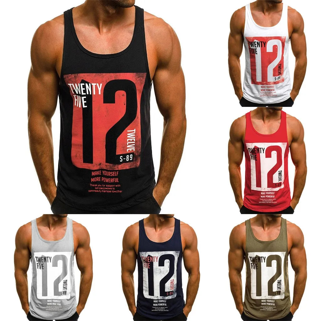 Number 12 Print Vest Men's Tank Top Breathable Bodybuilding Tee Gym Vest Sleeveless Men T-shirt Fashion Crew Neck Fitness Tee