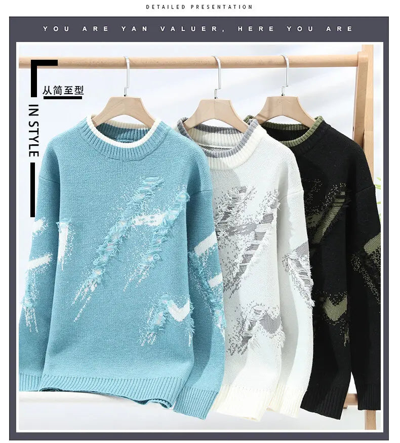 2025 Autumn Men Casual Sweater Tassels Patchwok Cute Couple Sweaters Round Neck Long Sleeve Male Knitted Harajuku Pullover