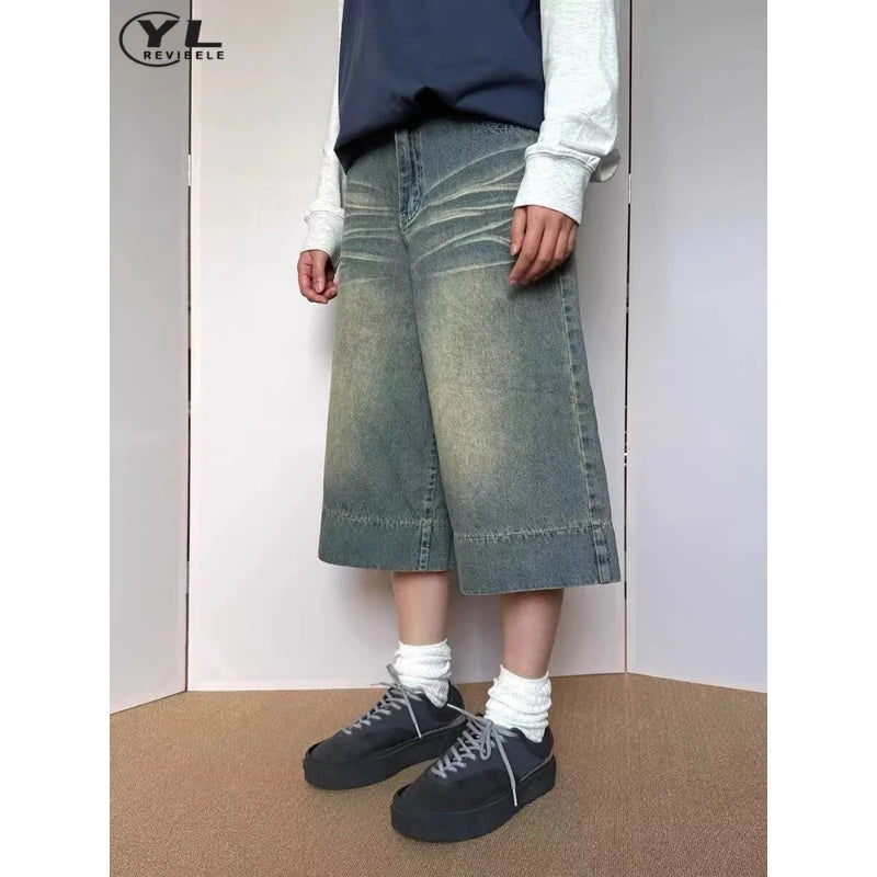 Men's Summer Jean Shorts High Street Harajuku Casual Straight Jeans Washed Five-point Pants Male Vintage Baggy Denim Short Pant