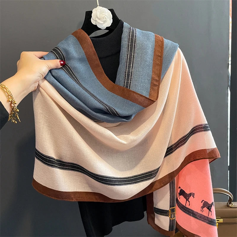 Luxury Brand 2023 Winter Women Scarf Beach Horse Shawl Cotton Lady Fashion Chain Scarves Bandana Pashmina Wrap Hijab Muffler