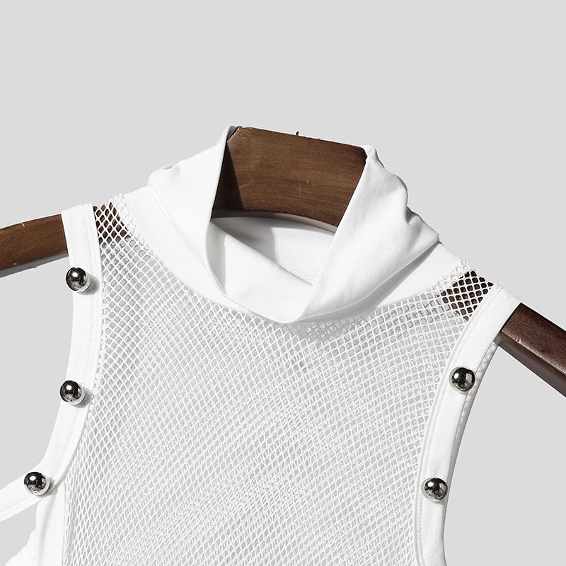 INCERUN Men Tank Tops Mesh Patchwork See Through Turtleneck Sleeveless Male Vests Streetwear Hollow Out Sexy Men Clothing Summer