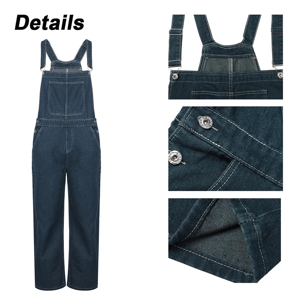 Men's Suspenders American Retro Denim Overalls Bibs Wear-Resistant Slash Pocket Baggy Jumpsuit for Men Streetwear Wide Leg Jeans