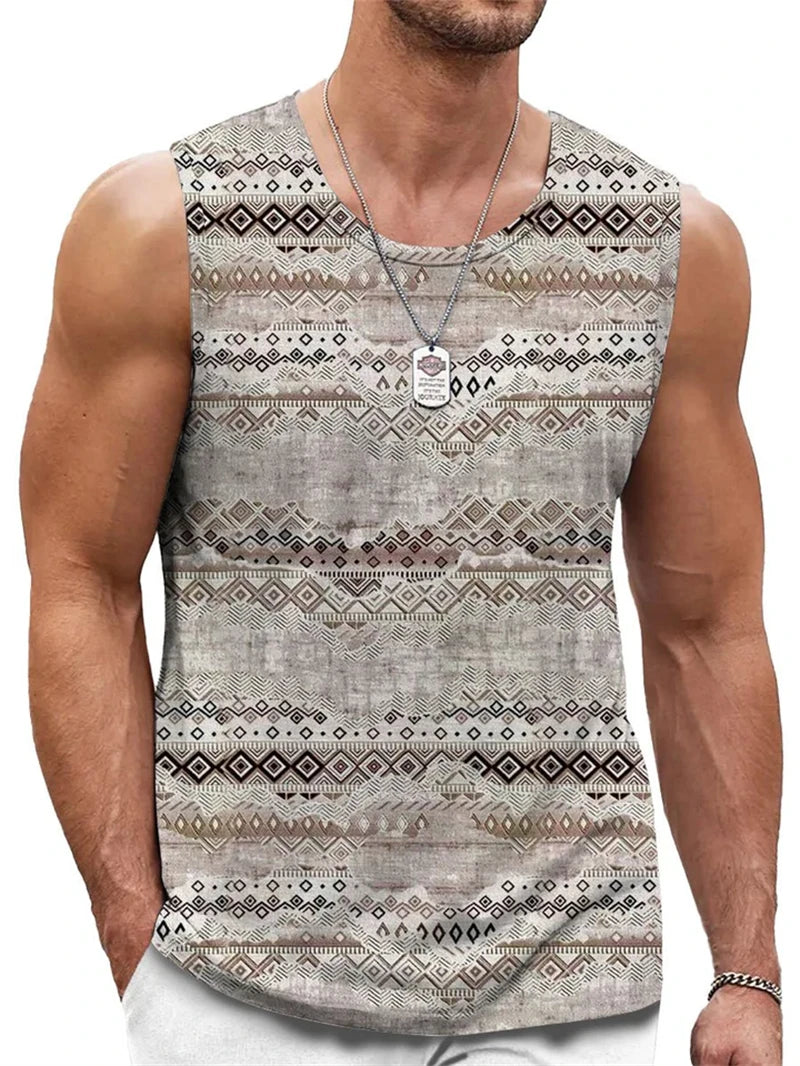 Mens Retro Ethnic Graphic Tank Tops Summer Casual Crew Neck 3D Printed Sleeveless Vest Fashion Breathable Sports Tees Tops