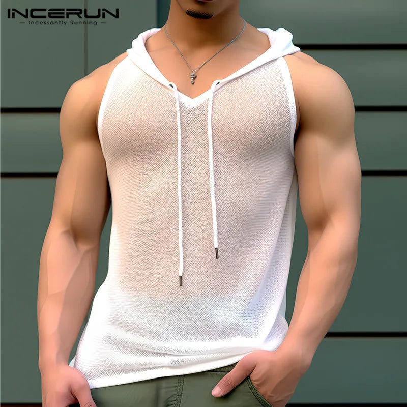 INCERUN Men Tank Tops Mesh Transparent Solid Color Hooded Sleeveless V Neck Male Vests Streetwear Sexy 2024 Fashion Men Clothing