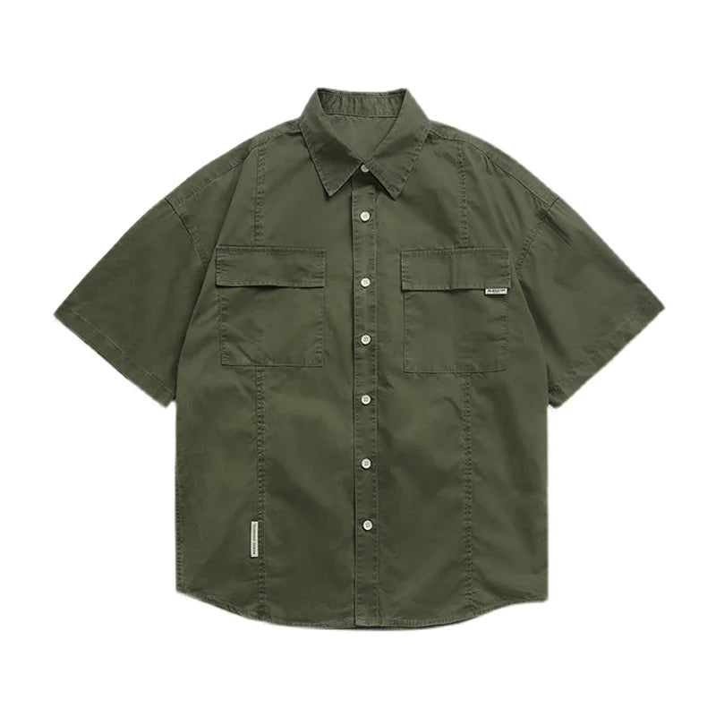 Summer Japanese Cargo Short Sleeve Shirt Men's Pockets Button Turn-down Collar Shirts Fashion Casual Cardigan blouses Tops