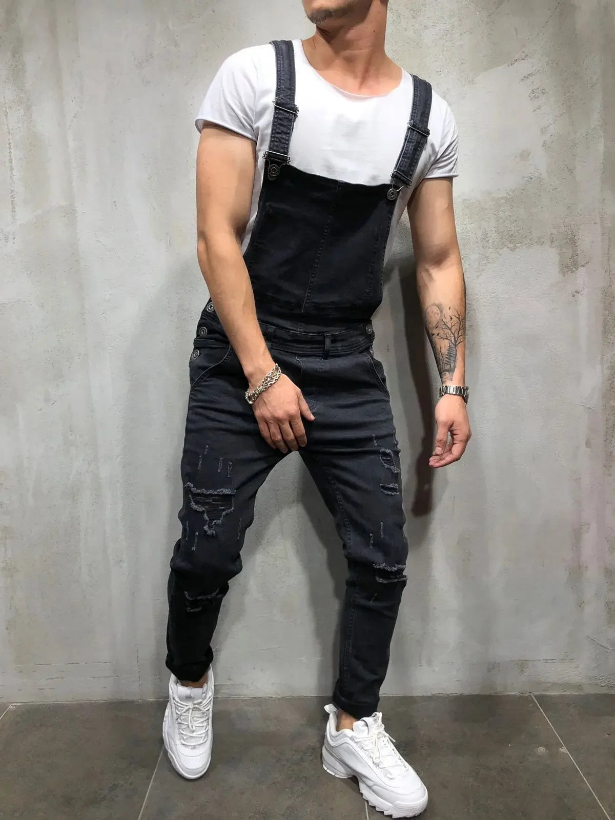 Men Jeans Jumpsuits Denim Overalls Distressed Pockets One Piece Pencil Pants Solid Washed Ankle Length Safari Style Spliced 2025