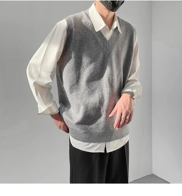 Korean Loose Base Knitted Sweater Sleeveless Vest Men's Underwear Pullover V-neck Sweater Vest