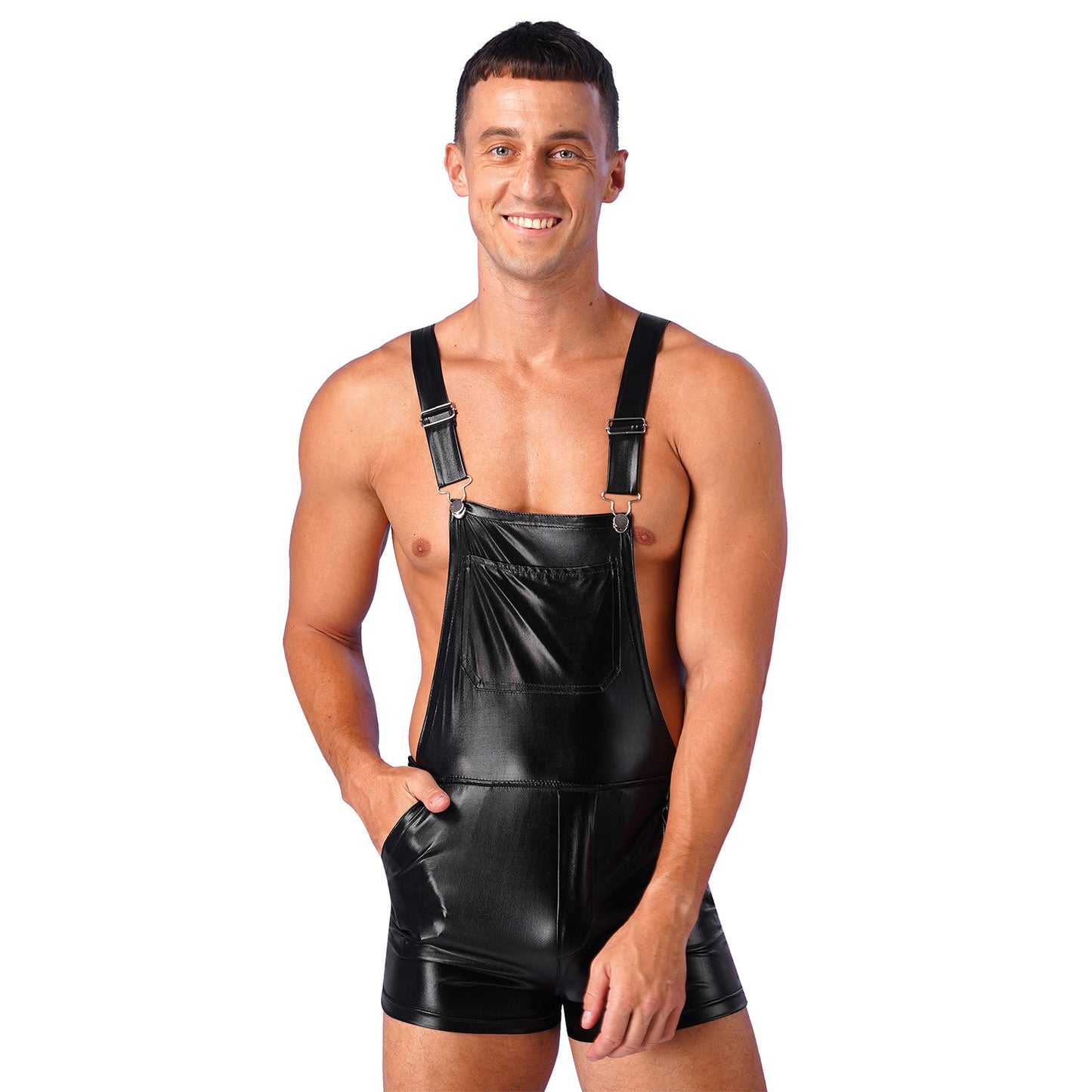 Mens Shiny Metallic Bib Overall Suspender Shorts Jazz Hip Hop Leotard Dance Costumes Shoulder Straps Jumpsuit Suspender Romper