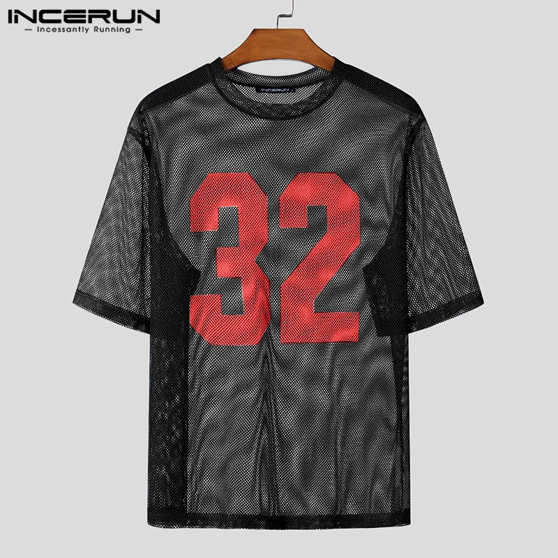 INCERUN Men T Shirt Mesh Transparent Printing O-neck Short Sleeve Sexy Men Clothing Streetwear Summer 2024 Fashion Male Tee Tops