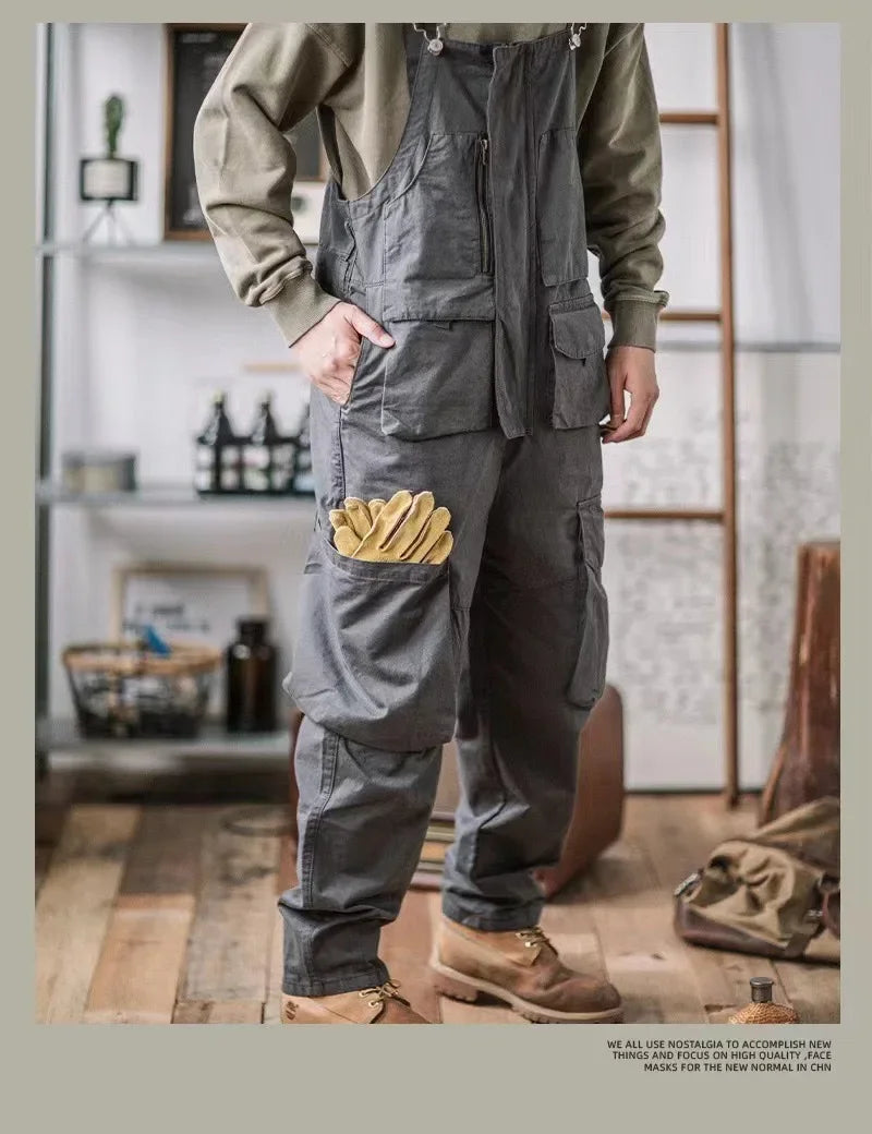 Trendy Brand Straight Tube Multi Pocket Work Overalls Men's Light Green Hip-hop Jumpsuit Couple Suspender Pants