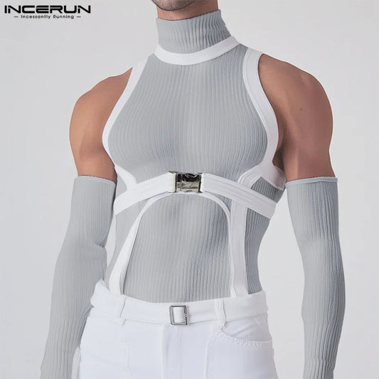 INCERUN 2025 Men T Shirts Patchwork Turtleneck Off Shoulder Long Sleeve Casual Men Clothing Streetwear Sexy Unisex Tee Tops