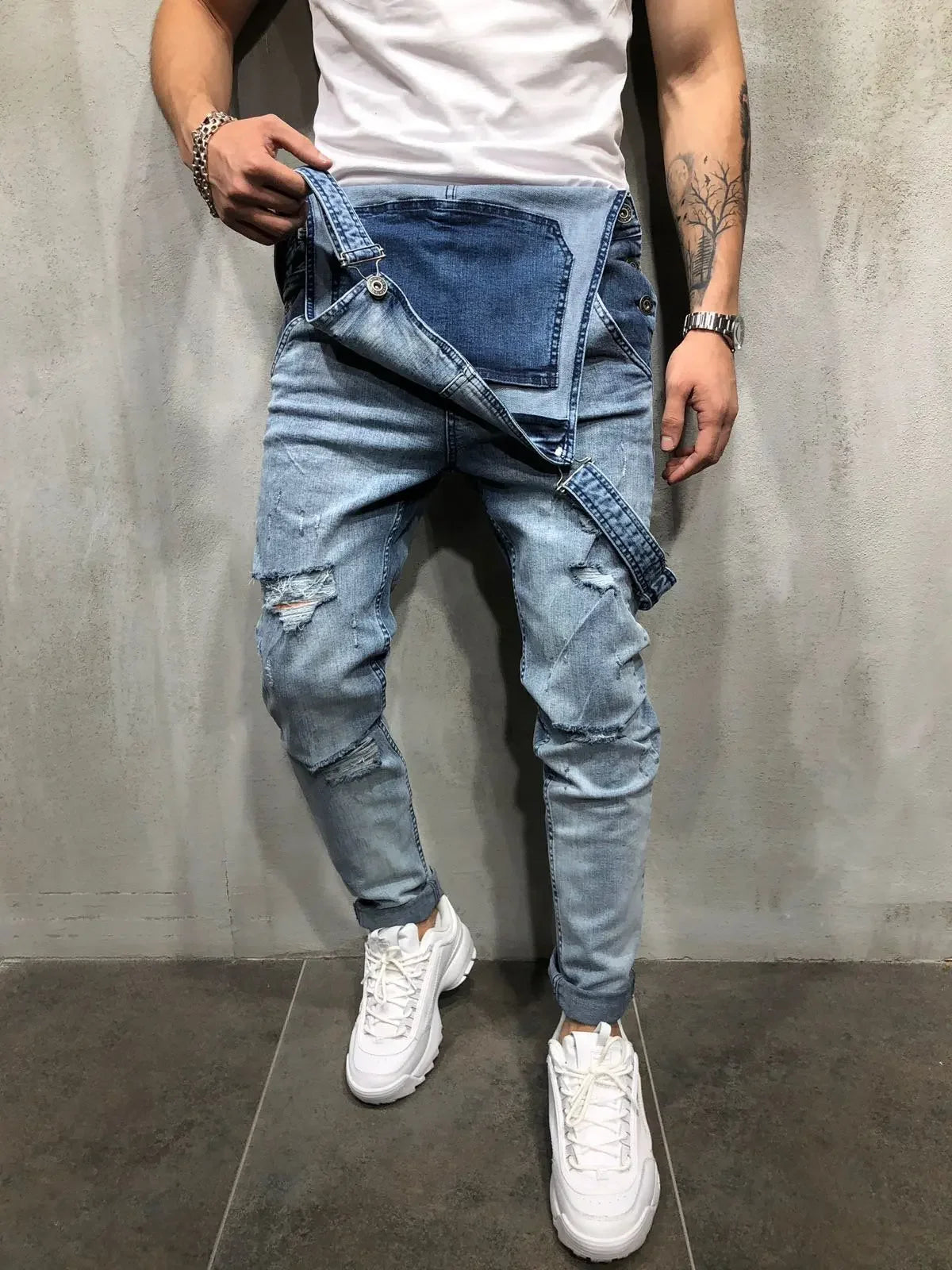 Men Jeans Jumpsuits Denim Overalls Distressed Pockets One Piece Pencil Pants Solid Washed Ankle Length Safari Style Spliced 2025