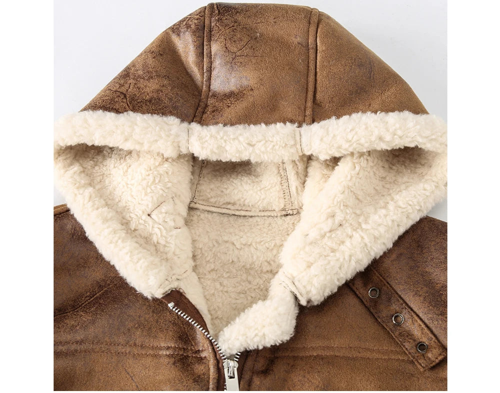 Winter Men's Fleece Warm PU Leather Vests Classical Men Faux Fur Motorcycle Leather Vests Men Windbreaker Hooded Vests Clothing