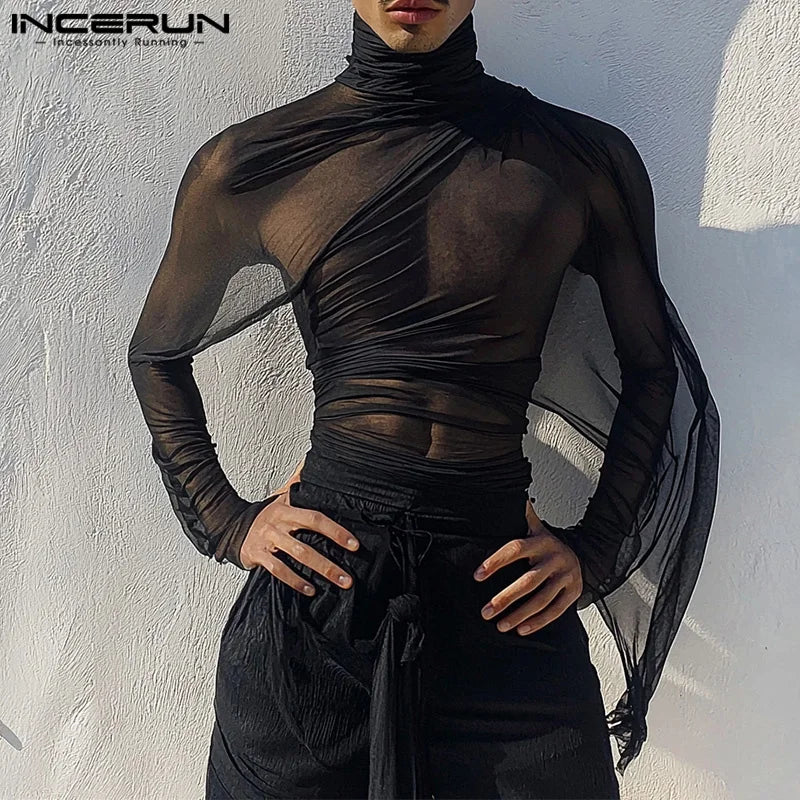 INCERUN Men See Through Solid Color Knitted T-Shirts Long Sleeve High Collar Camiseta Ruffled Edge Sexy Elegant Tops Fashion Top