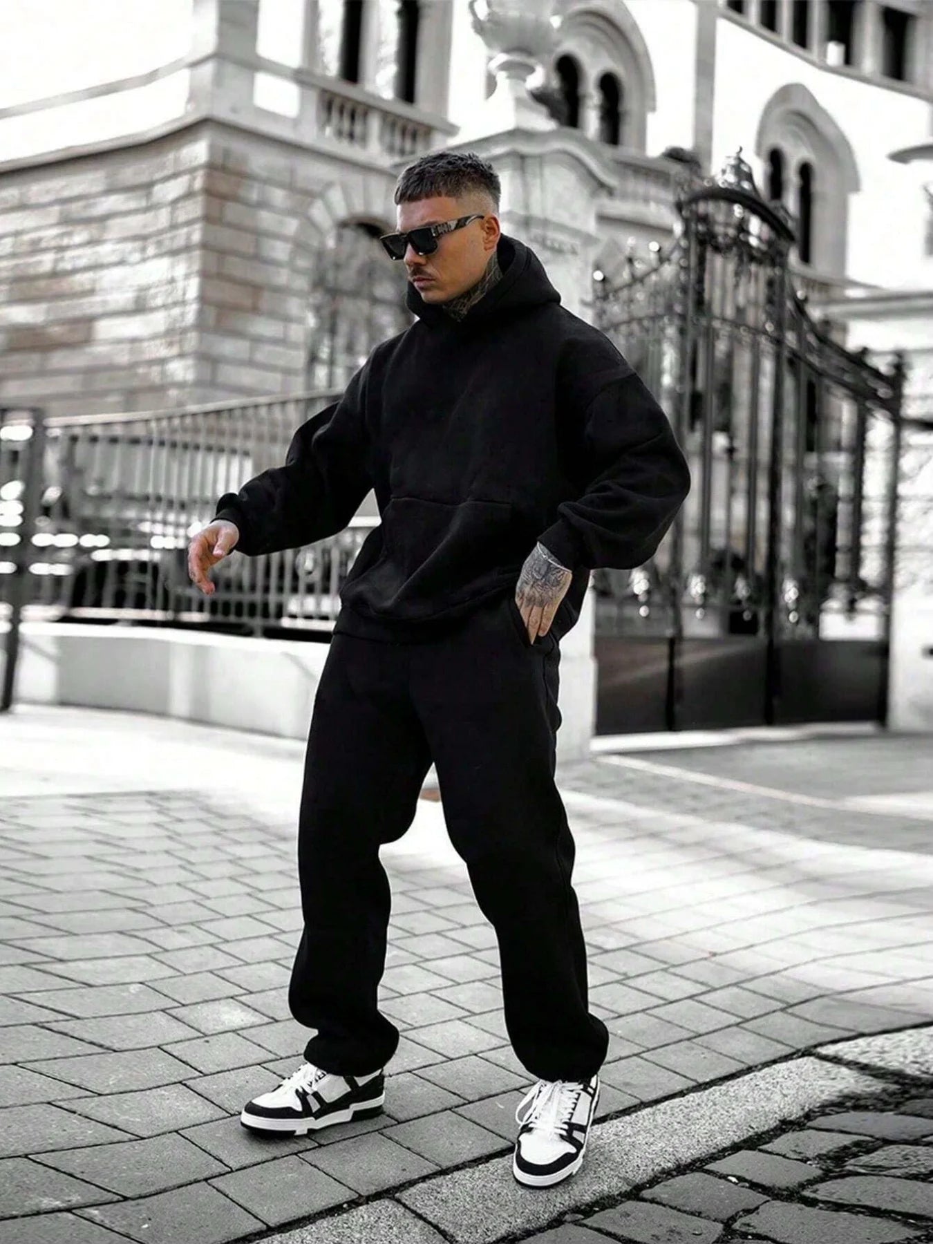 Men's fall/winter hoodie set! Thick fleece fabric, warm and breathable. Hood protects head from wind. Relaxed fit for mobility,