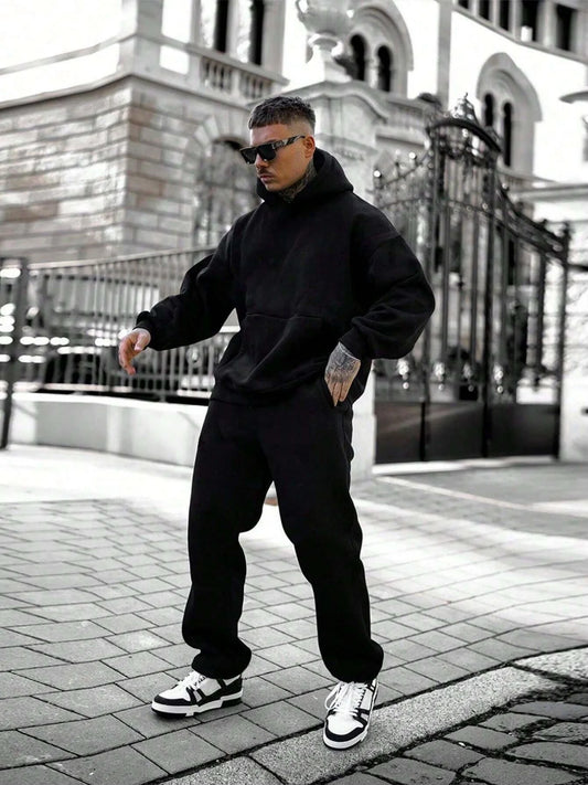 Men's fall/winter hoodie set! Thick fleece fabric, warm and breathable. Hood protects head from wind. Relaxed fit for mobility,