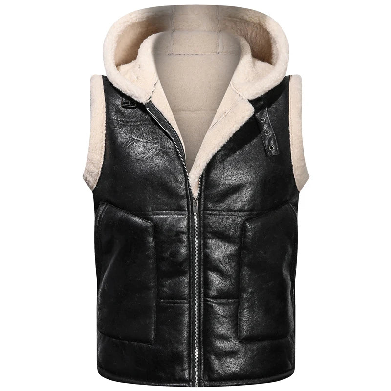 Winter Men's Fleece Warm PU Leather Vests Classical Men Faux Fur Motorcycle Leather Vests Men Windbreaker Hooded Vests Clothing