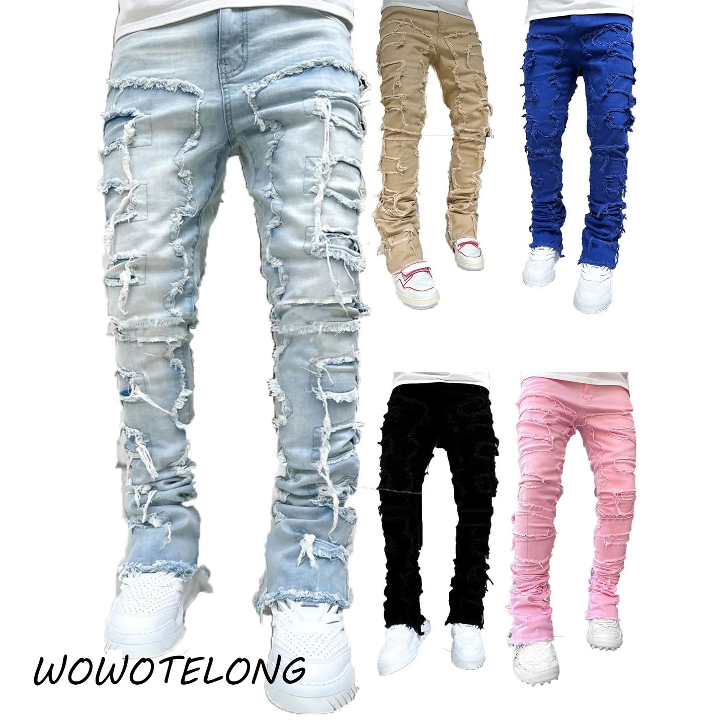 High Street White Men's Stacked Jeans Stretched Patchwork Tassel Damaged Denim Full Length Pants Hip-pop Trousers For Male ﻿