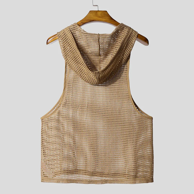 INCERUN Men Tank Tops Mesh Hollow Out Sexy See Through Hooded Sleeveless Male Vests Solid Streetwear Fashion Men Clothing S-3XL