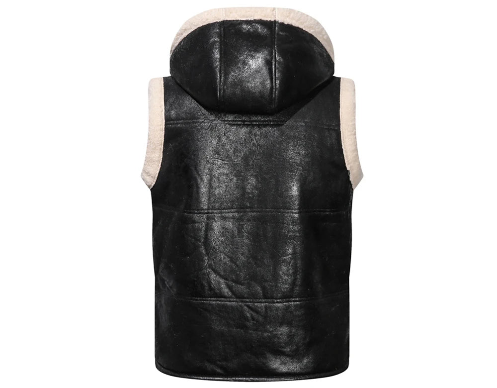 Winter Men's Fleece Warm PU Leather Vests Classical Men Faux Fur Motorcycle Leather Vests Men Windbreaker Hooded Vests Clothing