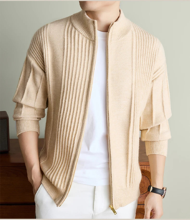 Luxury New Men's knitted sweater coat fashion jacquard zipper half high collar thicken warm soft comfort solid color cardigan
