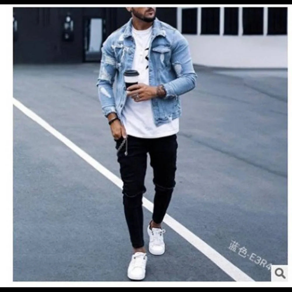 Men's Denim Jacket Ripped Irregular Wash Jacket Men's