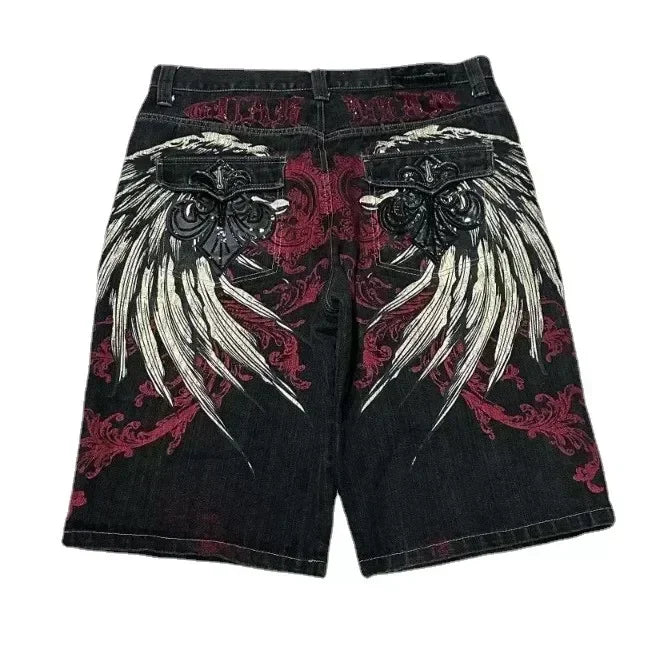 Vintage Diamonds Graphic Baggy Denim Shorts New Goth Y2K Fashion Harajuku Casual High Waist Wide Leg Shorts Streetwear