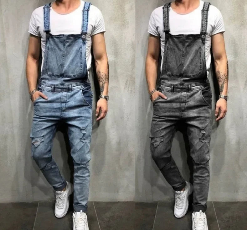 Men Jeans Jumpsuits Denim Overalls Distressed Pockets One Piece Pencil Pants Solid Washed Ankle Length Safari Style Spliced 2025