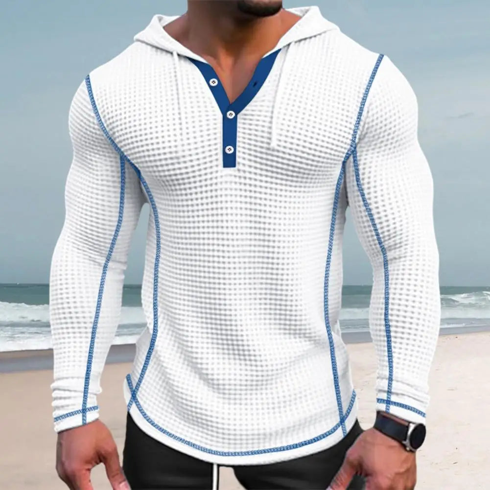 Breathable Waffle Fabric Sweatshirt Stylish Men's Waffle Cotton Hoodie Slim Fit Button Closing Breathable Long for Fashionable