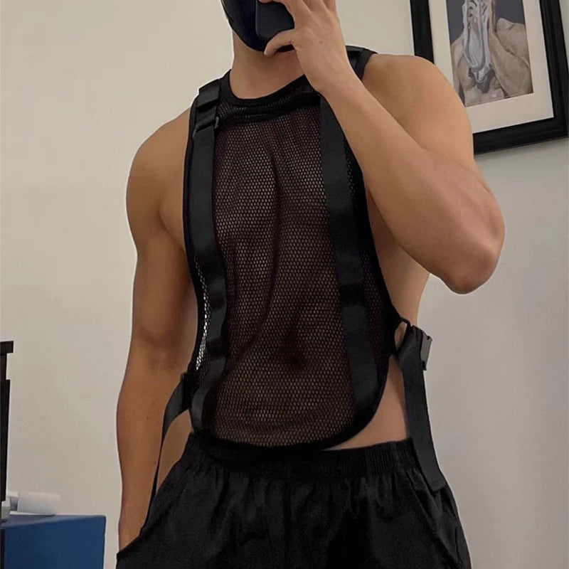 INCERUN Men's Tank Tops Mesh Transparent Solid Color O-neck Sleeveless Casual Male Vests Streetwear 2024 Fashion Men Clothing