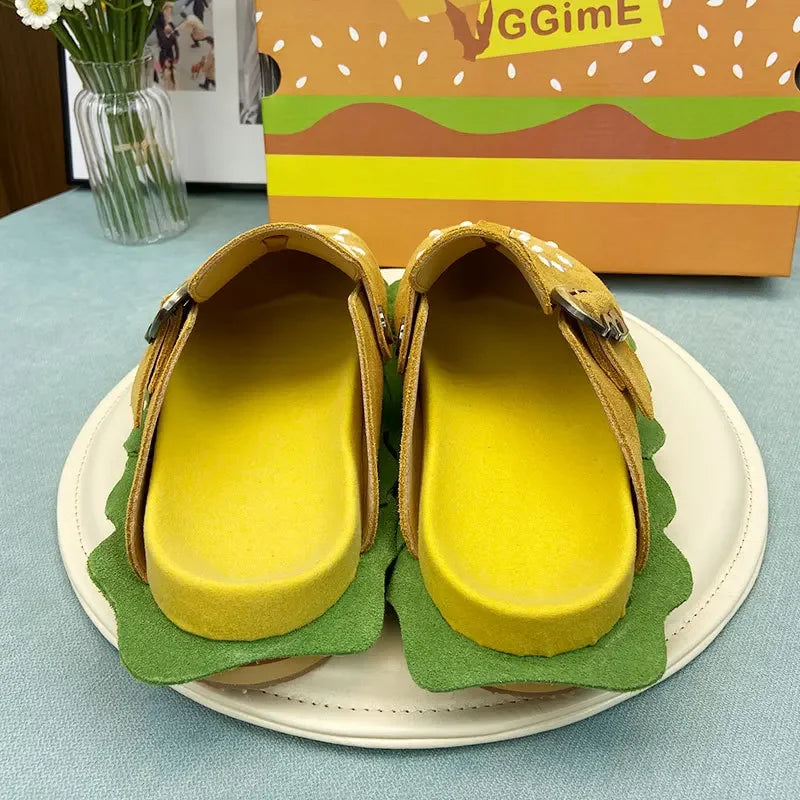 New Lazy Slippers Hamburger Sandals Lover Cute Cosplay Costumes Shoes Loafers Indoor Slippers Cow Suede Casual Comfort Men Women