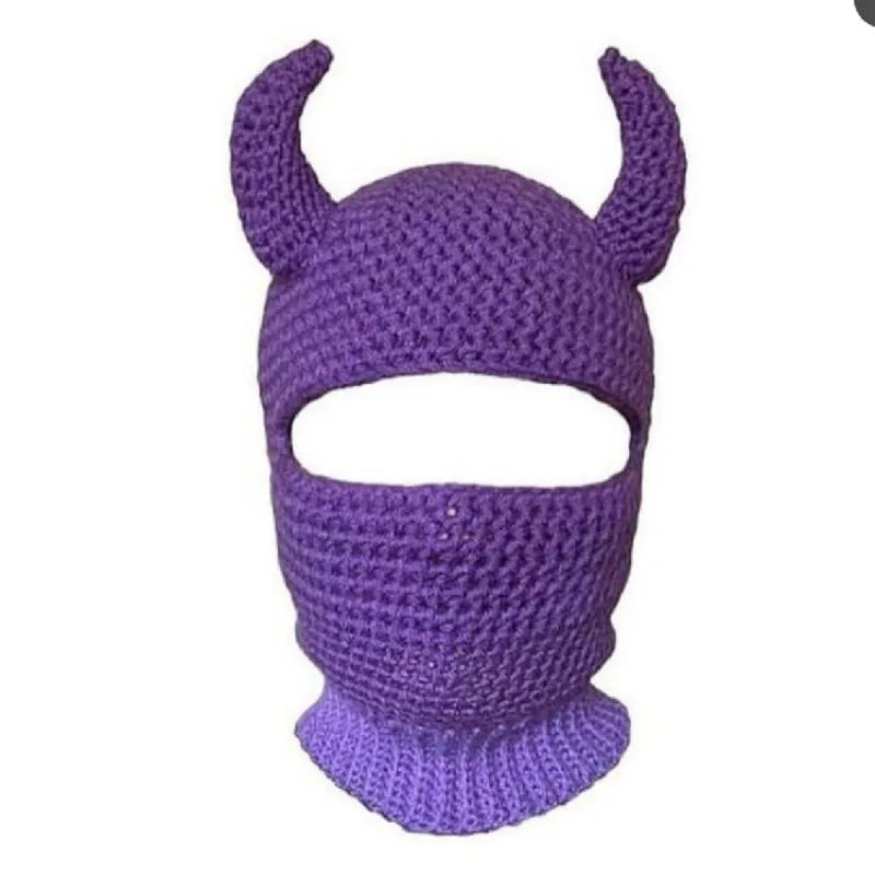 Funny Horns Knitted Hat Cosplay Halloween Masquerade Beanies Warm Full Face Cover Ski Mask Hat Windproof Helmet Trick Scare Prop