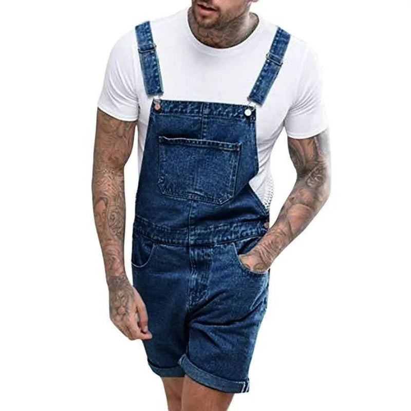 Wepbel One-Piece Working Bib Top Pants Denim Retro Jeans Overalls Summer Men's Denim with Hole Shorts Suspender Shorts Jeans