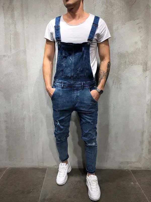 Men Jeans Jumpsuits Denim Overalls Distressed Pockets One Piece Pencil Pants Solid Washed Ankle Length Safari Style Spliced 2025