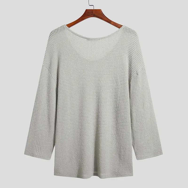 INCERUN Men T Shirt Solid Color Knitted V Neck Long Sleeve Casual Men Clothing Streetwear 2023 Hollow Out Loose Camisetas S-5XL