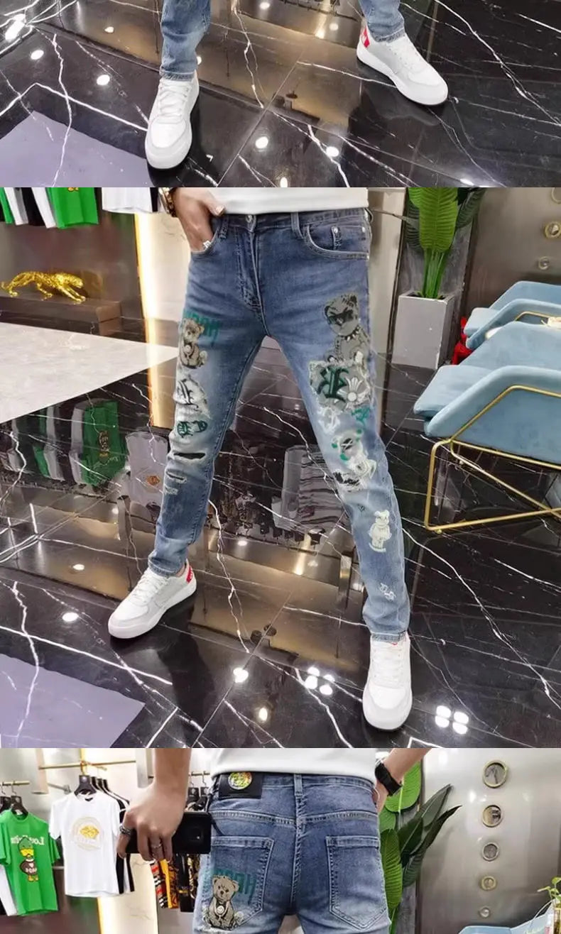 New Jeans Kpop Luxury Designer Clothes Korean Style Fashion Spring Autumn Denim Jeans Bear Printing Pants Men's Luxury Trousers