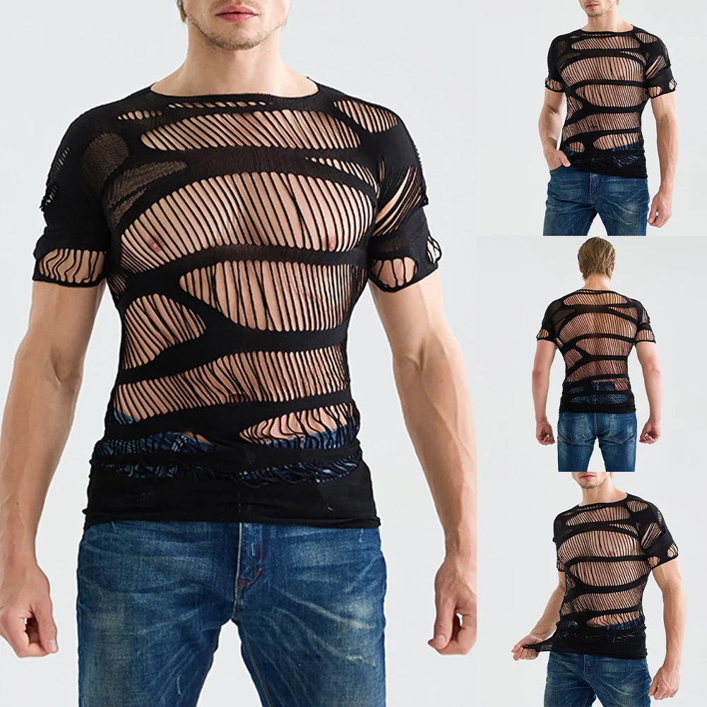 1pc Men Sexy Mesh Sheer Top Short Sleeve Mesh See Through Tops Hollow Out O-neck T-shirts Solid Color Underwear