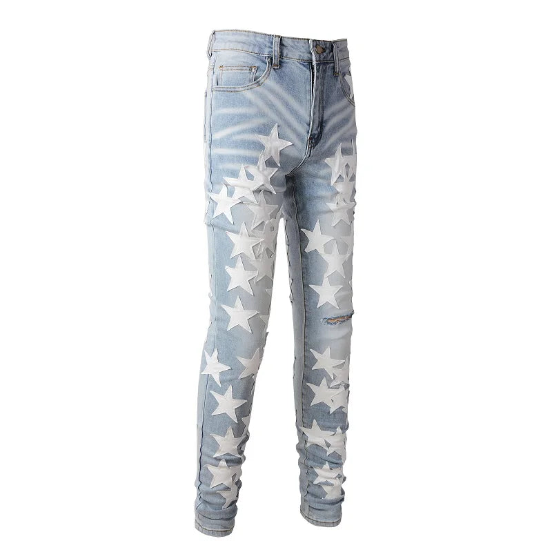 Best Sellers Men's Distressed Streetwear Light Blue Denim Pants Leather White Stars Patchwork Moustache Holes Ripped Jeans Pants